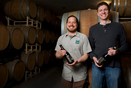 IU biochemist Matthew Bochman, right, and Caleb Staton of Upland Brewing Co.