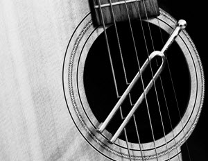classical tuning fork slung from guitar strings