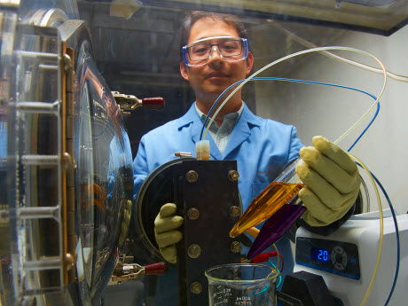 PNNL researcher Xiaoliang Wei prepares a small demonstration organic flow battery