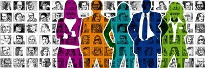 Different color silhouettes against a background of multiple pen and ink portraits