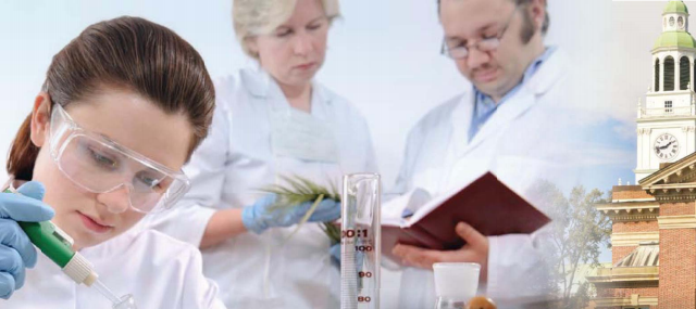 Three professors in lab coats