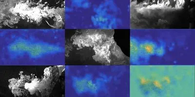 Exhaled material moves in a jet