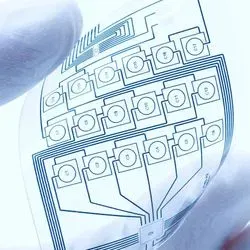 Gloved hand holding a printed electronic sheet