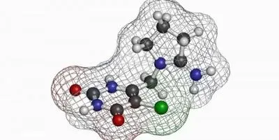 Illustration of a molecule of tipiracil, a drug used to fight cancer that may inhibit the action of one of the main proteins that make up SARS-CoV-2, the virus that causes COVID-19.