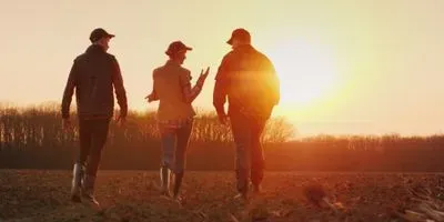 Farmers walking towards a sunset in a field
