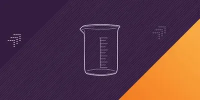 A white line illustration of a laboratory beaker on a purple and orange background to show the concept of laboratory supplies and consumables.