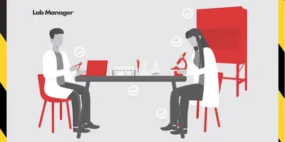 Cartoon female scientist at work table