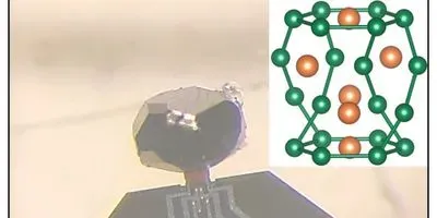 A small crystal of the new material, a synthesis of Niobium and Germanium (NbGe2), is mounted on a device to examine the behavior of the new electron-phonon liquid. The inset shows the atomic arrangement in the material.