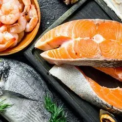 Seafood including salmon, shrimp, and octopus