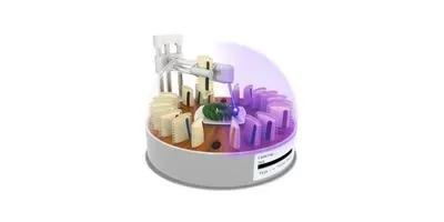 Concept rendering of a digital cooking appliance that boasts dozens of ingredients and a precise cooking laser to assemble and cook meals using digital recipes.