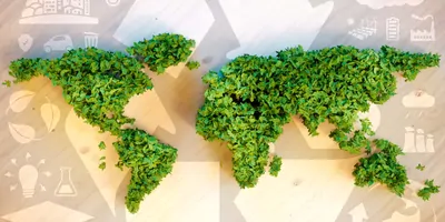a world map mafe out of plant matter on a recycling symbol
