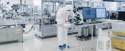 A scientist bends over a lab bench in a sterile pharmaceutical manufacturing facility. The scientist is wearing full PPE and is surrounded by various automated equipment in this hero image.