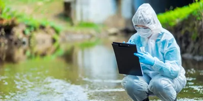A scientist making notes while testing wastewater. 