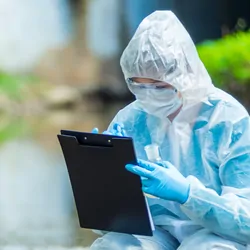 A scientist making notes while testing wastewater.