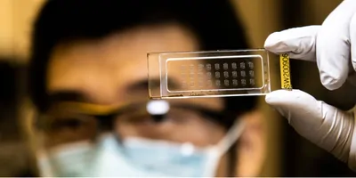 A scientist holding up a microplate