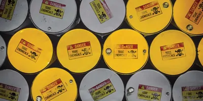 White and yellow barrels of hazardous waste, as seen from above.