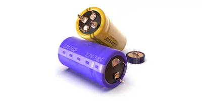 Supercapacitors resting on eachother on a white background