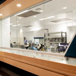 View from the Neo-Bionica entrance showing display cases and cleanroom