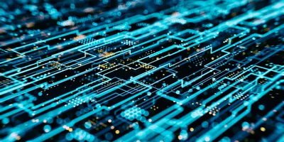 Computer image of blue tinted micro chip made of light