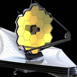 Computer image of the James Webb telescope on a black background
