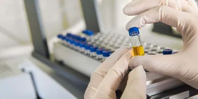White-gloved hands hold a vial of CBD oil about to be tested via HPLC in the lab. There is a tray with more vials in the background.