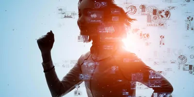 Woman running with symbols around her that represent electronic clothing