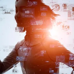 Woman running with symbols around her that represent electronic clothing