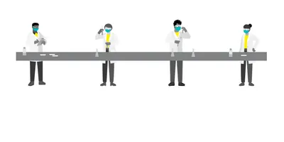 Cartoon scientists working with pipettes in a lab