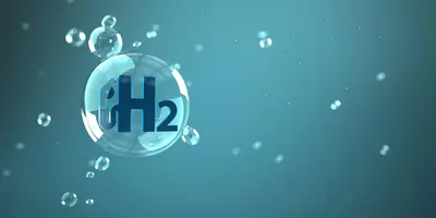 the symbole for molecular hydrogen in a bubble on a blue background