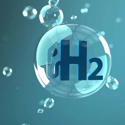 the symbole for molecular hydrogen in a bubble on a blue background