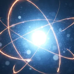 A computer representation of an atom on a dark background