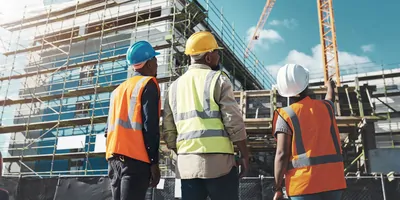 Construction workers on a construction site looking at a building being built