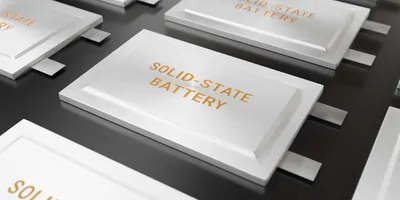 Computer graphic image of a white chip with the words "solid-state battery" on it