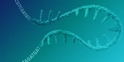 Computer image of an RNA strand floating in blue liquid