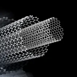 Computer image of rolled up graphene strips on a black background