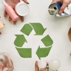 People holding solid waste over a recycle symbol