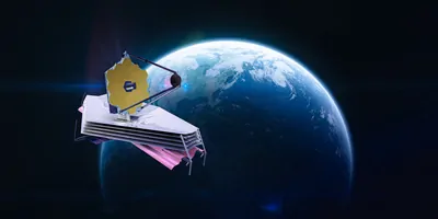 James Webb Space Telescope photoshopped in space with earth in the background