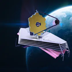James Webb Space Telescope photoshopped in space with earth in the background