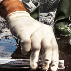 Researecher taking a water sample from a river