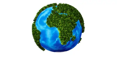 Planet earth on white background with land mass covered in trees
