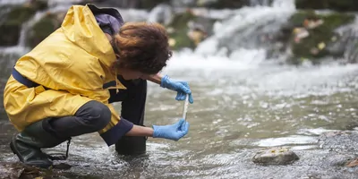 Researcher taking a water sample in a stream