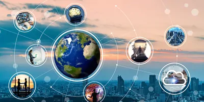 The world, with connective lines to other images shwoing research being applied, imposed over a city skyline at dusk