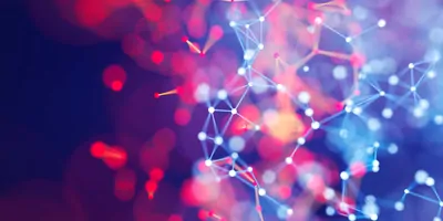 Abstract image of nodes, connected by lines on a purple and light red background