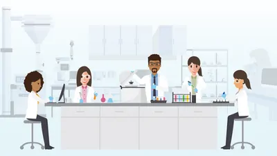 A cartoon graphic of a group of scientists working at a lab bench