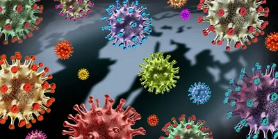 Global Virus variant and mutating cells concept or new coronavirus b.1.1.7 variants outbreak and covid-19 viral cell mutation as an influenza background with dangerous flu strain as a medical health risk as a 3D render.