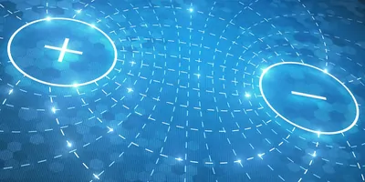 A representation of a magnetic field using dotted lines next to two magnetice poles, on a blue background