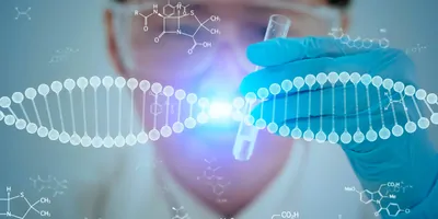 DNA strand double exposed over a researcher holding a test tube with liquid in it