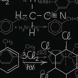 Chemical equations overlayed on each other on a dark background