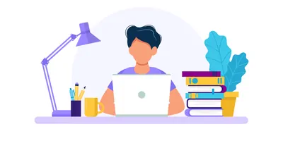 Illustration of person sitting at computer with books and pencils