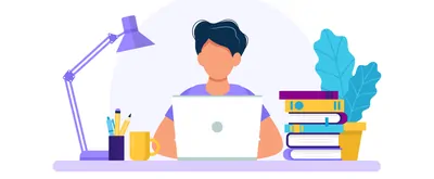 Illustration of person sitting at computer with books and pencils